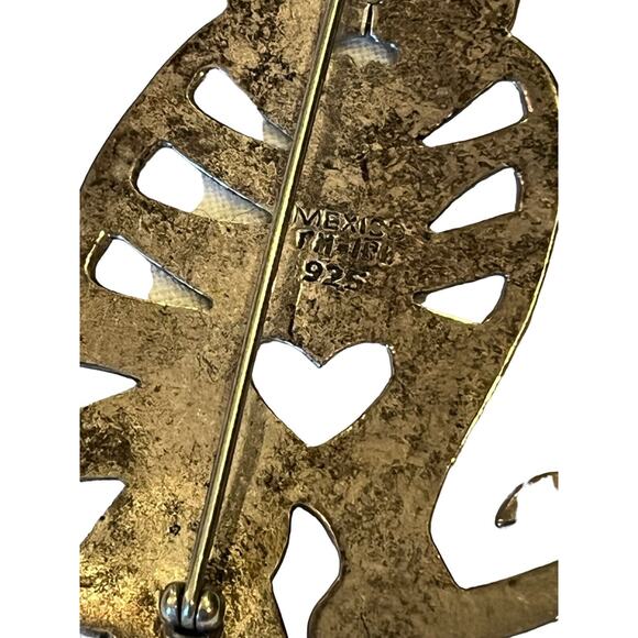 Vintage TM-180 Mexico Sterling Silver Cat Brooch Pin Heart Cutouts 2.5” - Picture 3 of 4